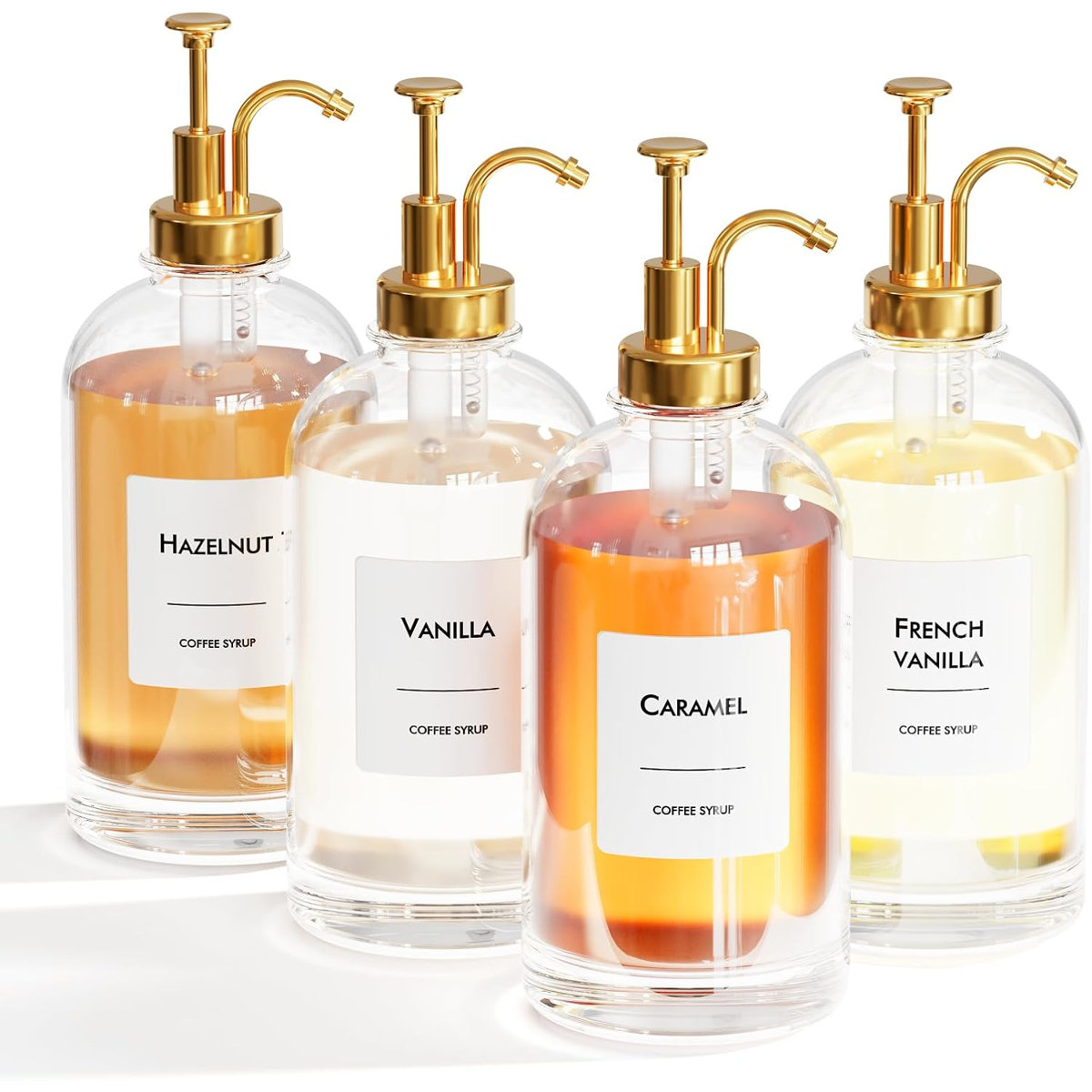 Coffee Syrup Dispenser Set, 4 Pack 16.9 oz Glass Bottles with Pump and Labels for Home Coffee Bar and Cafe